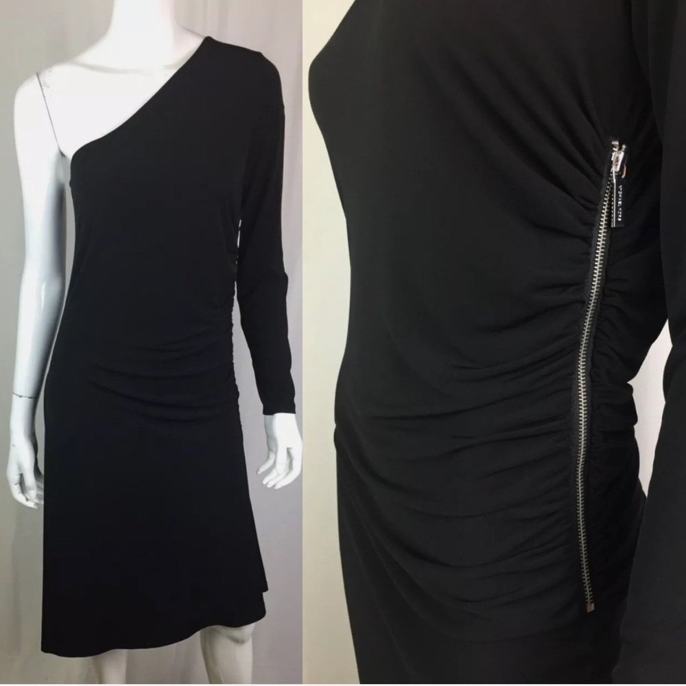Michael Kors One Shoulder Black Ruched Dress Size 8 Asymmetrical Zip